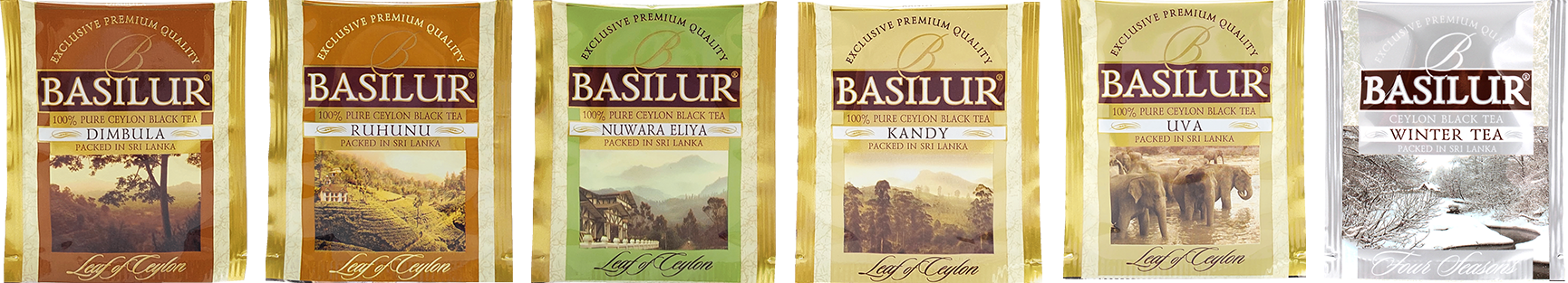 Koperty herbat Basilur Leaf of Ceylon i Winter Tea, różne smaki herbat czarnych z Cejlonu.