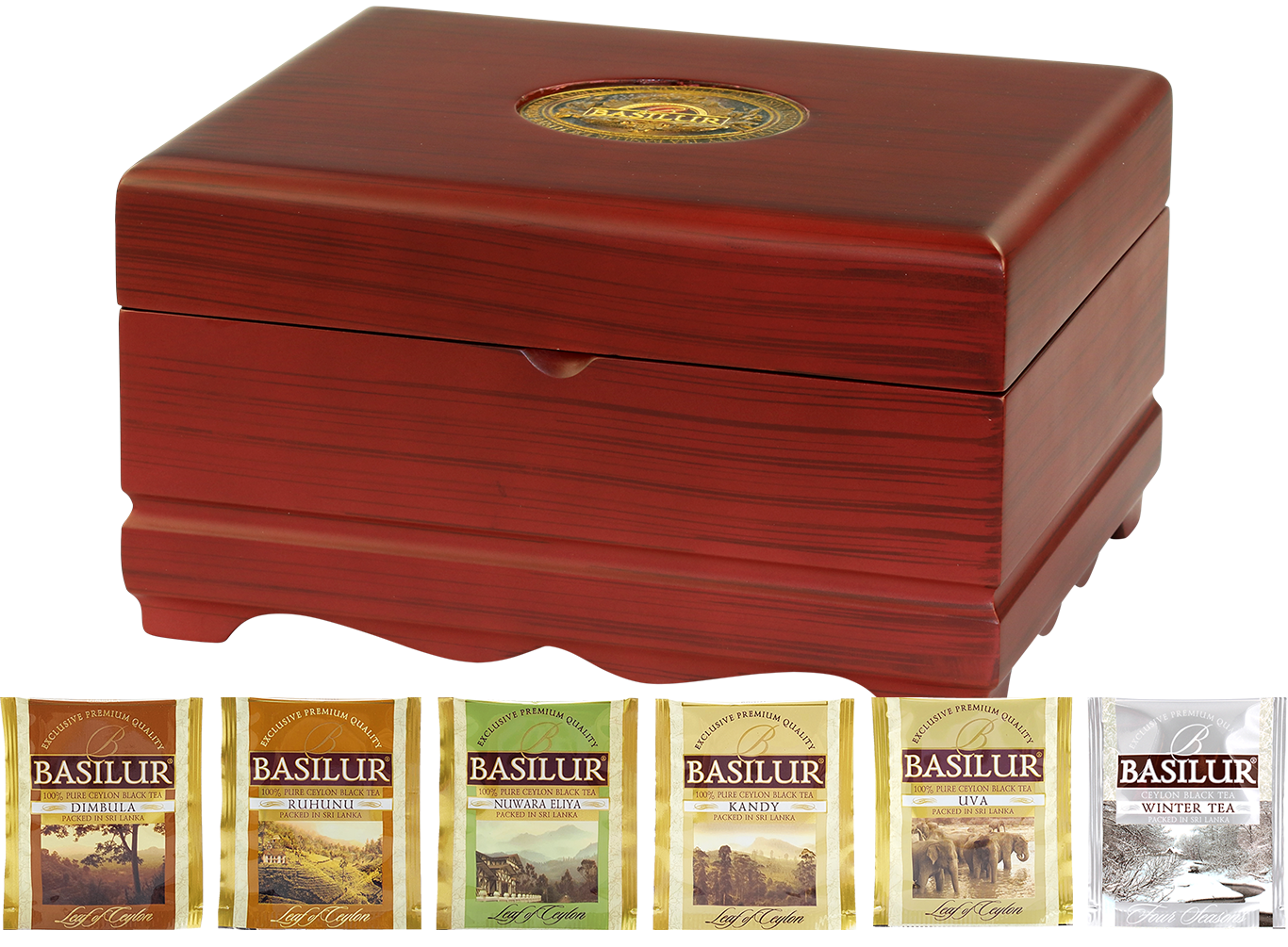 Drewniana szkatułka Basilur Wooden Presenter Mix 2 z herbatami cejlońskimi, elegancki zestaw prezentowy.