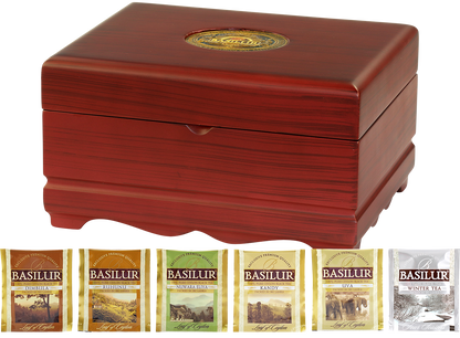 Drewniana szkatułka Basilur Wooden Presenter Mix 2 z herbatami cejlońskimi, elegancki zestaw prezentowy.