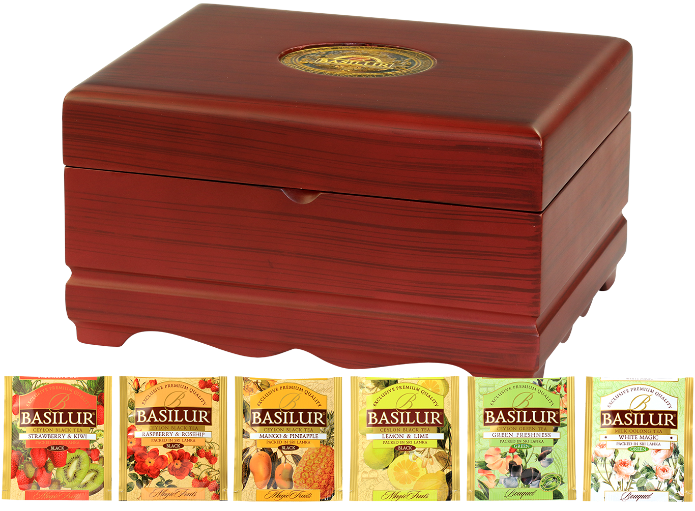 Drewniana szkatułka Basilur Wooden Presenter Mix 3 z zestawem herbat owocowych i zielonych.
