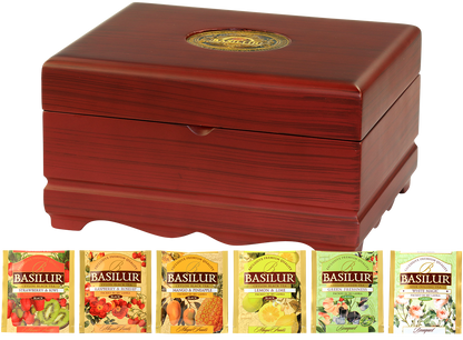 Drewniana szkatułka Basilur Wooden Presenter Mix 3 z zestawem herbat owocowych i zielonych.