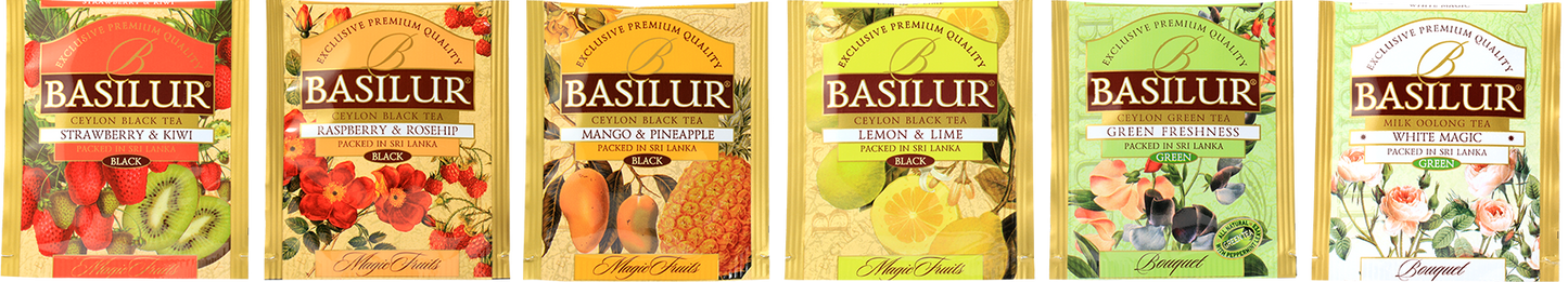 Koperty herbat Basilur z serii Magic Fruits i Bouquet, smaki owocowe i zielone w zestawie Mix 3.