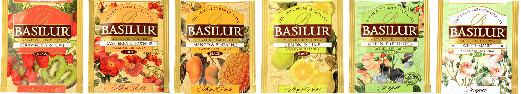 Koperty herbat Basilur z serii Magic Fruits i Bouquet, smaki owocowe i zielone w zestawie Mix 3.