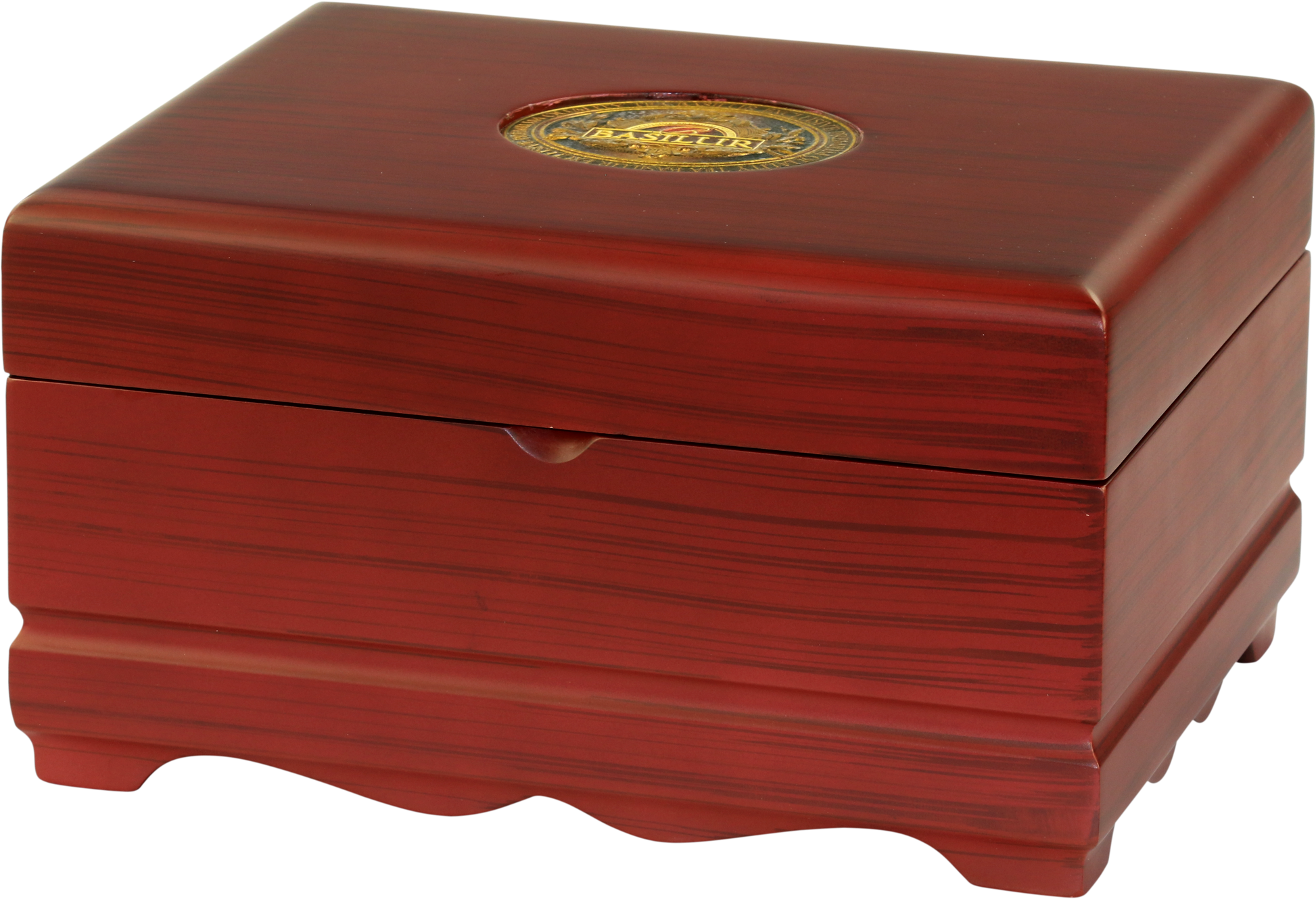 Zamknięta szkatułka Basilur Wooden Presenter Mix 3 w kolorze mahoniowym, eleganckie opakowanie prezentowe.