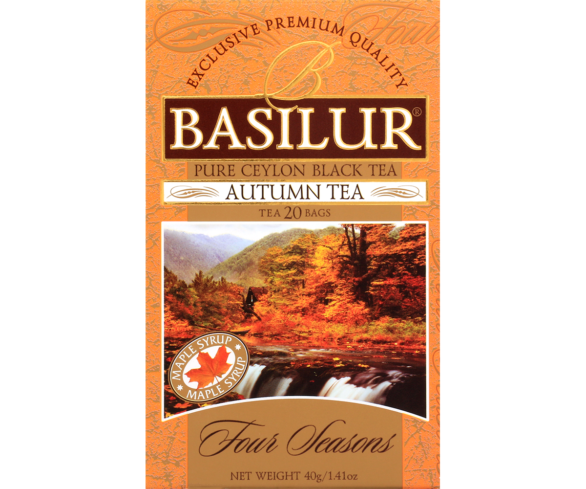 Pudełko herbaty Basilur Autumn Tea z jesiennym krajobrazem na etykiecie.