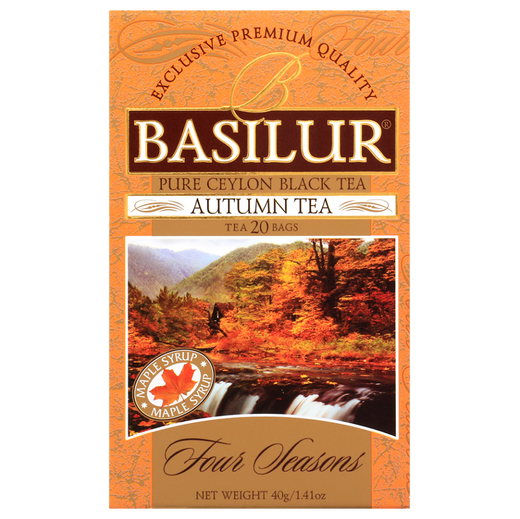 Pudełko herbaty Basilur Autumn Tea z jesiennym krajobrazem na etykiecie.