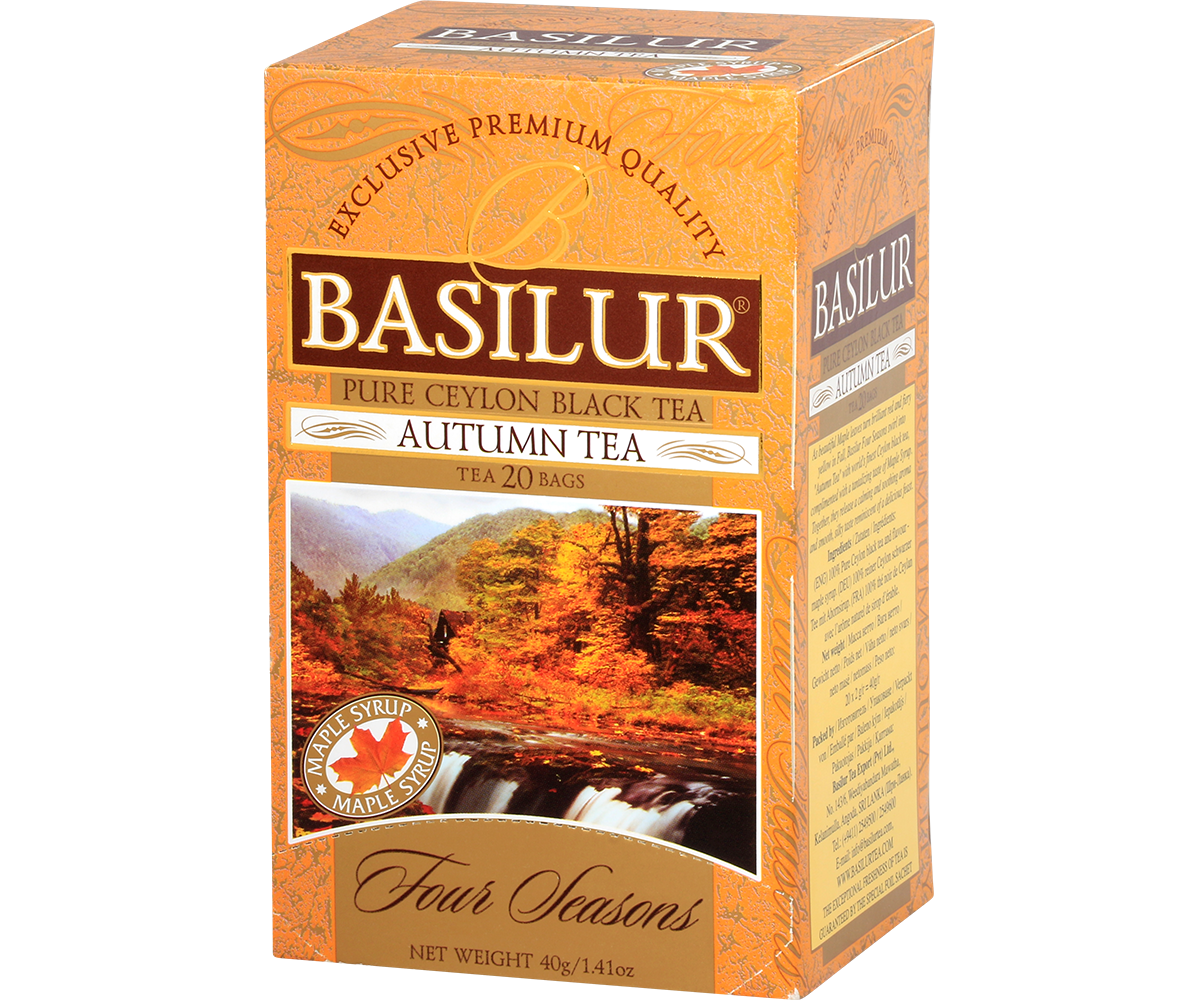 Bok pudełka herbaty Basilur Autumn Tea z napisem Four Seasons.