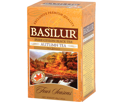Bok pudełka herbaty Basilur Autumn Tea z napisem Four Seasons.