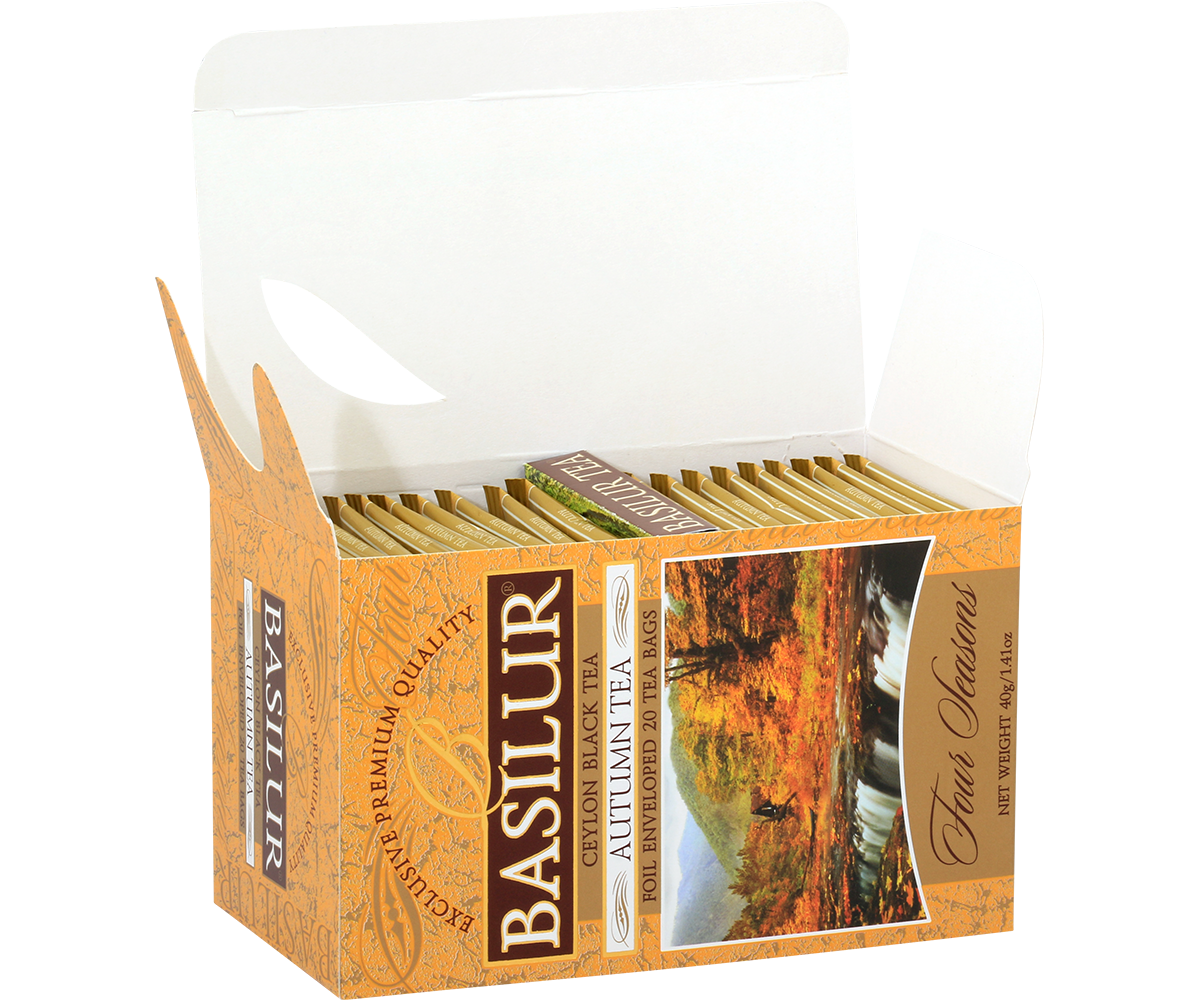Otwarta paczka herbaty Basilur Autumn Tea z widocznymi saszetkami.
