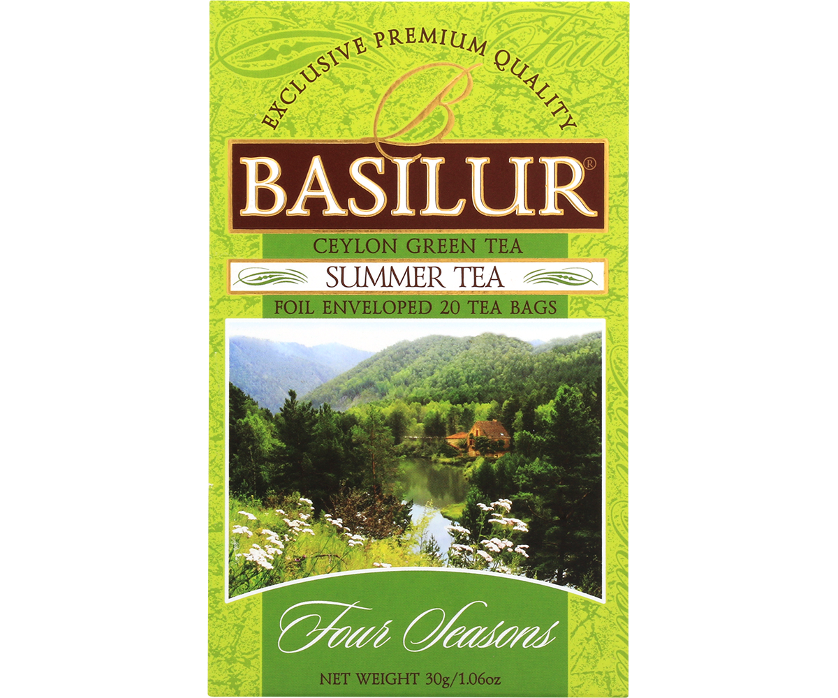 Przód opakowania Basilur Summer Tea z krajobrazem Cejlonu.