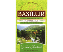 Przód opakowania Basilur Summer Tea z krajobrazem Cejlonu.