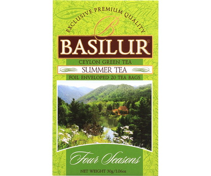 Przód opakowania Basilur Summer Tea z krajobrazem Cejlonu.
