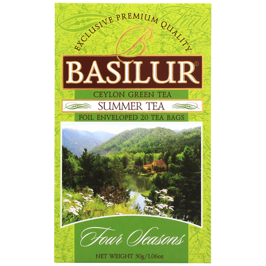 Przód opakowania Basilur Summer Tea z krajobrazem Cejlonu.
