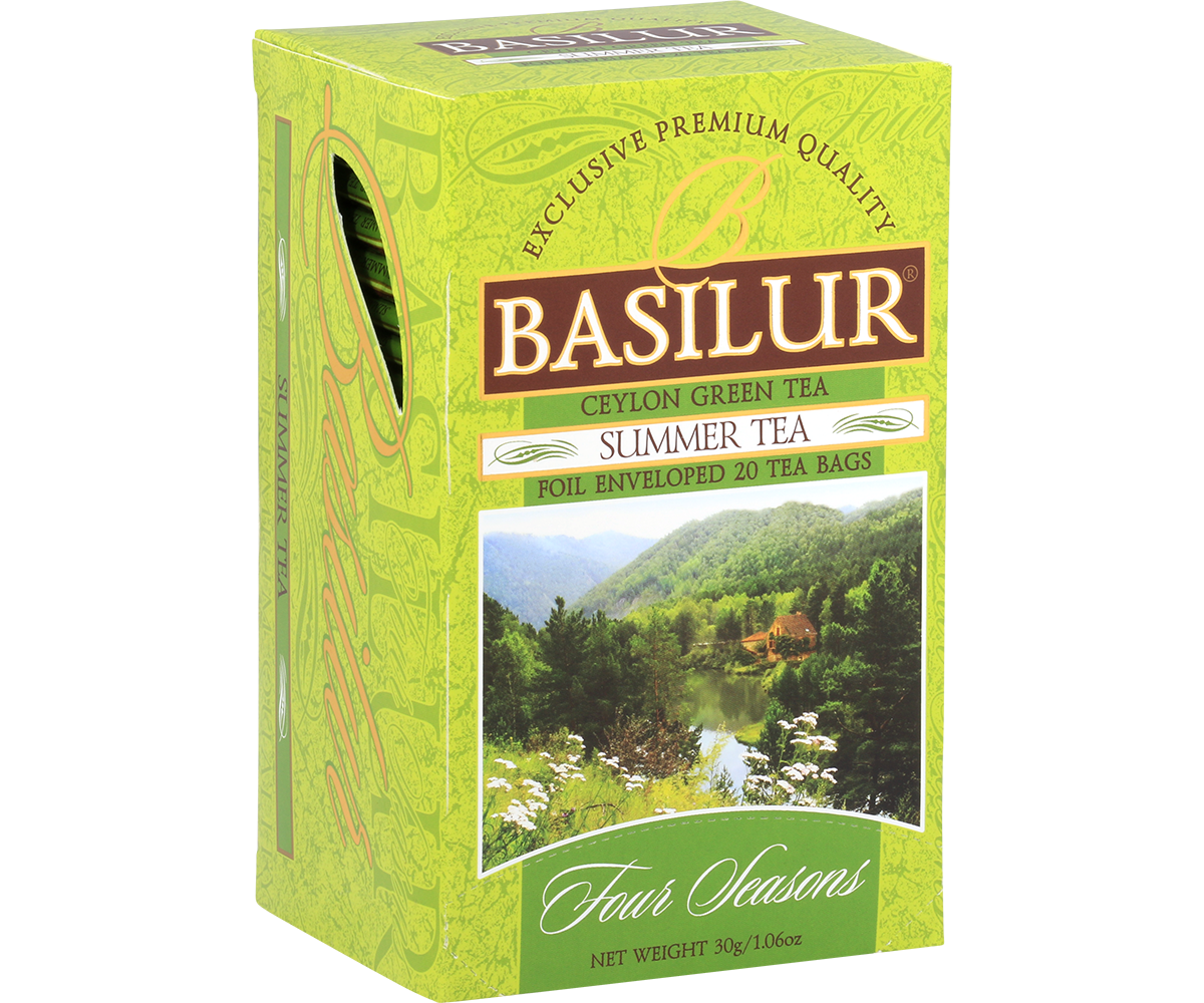Bok pudełka Basilur Summer Tea z opisem produktu.