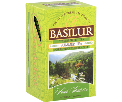 Bok pudełka Basilur Summer Tea z opisem produktu.