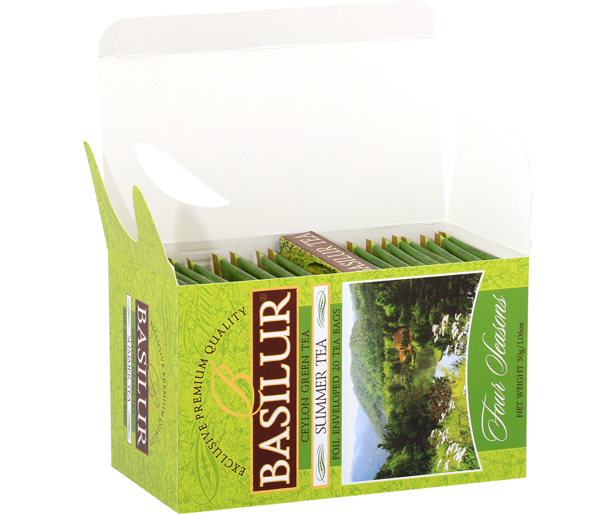 Otwarte pudełko zielonej herbaty Basilur Summer Tea z kolekcji Four Seasons.