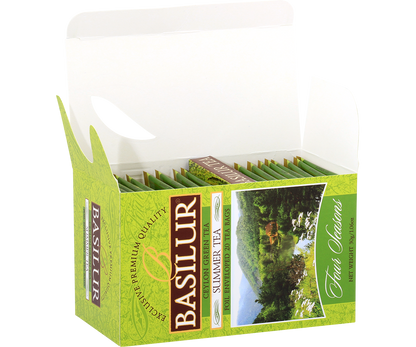 Otwarte pudełko zielonej herbaty Basilur Summer Tea z kolekcji Four Seasons.