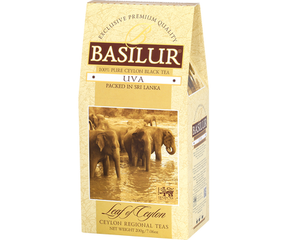 Bok opakowania Basilur Uva prezentujący szczegóły i etykiety herbaty.