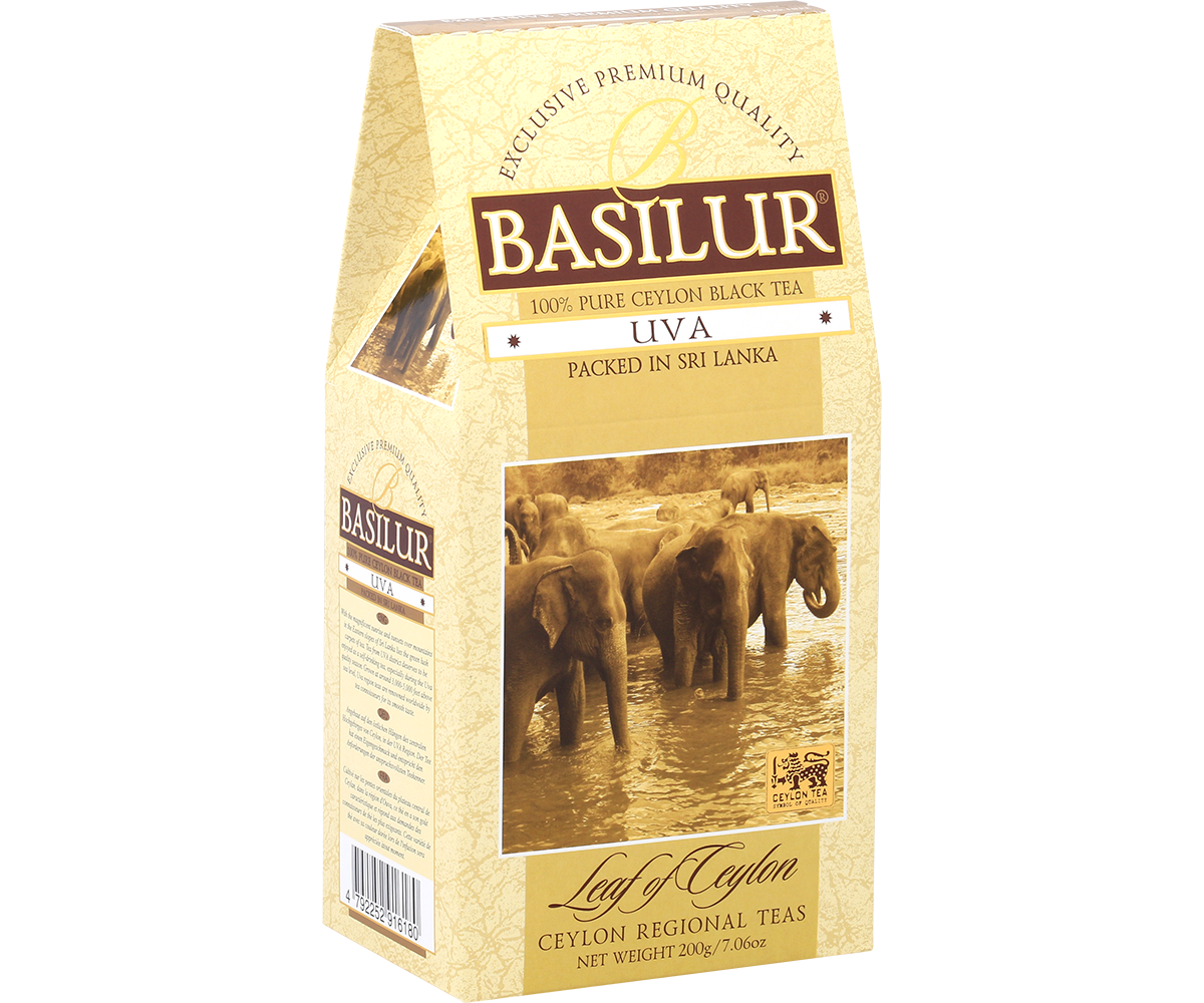 Herbata Basilur Uva w eleganckim opakowaniu z motywem słoni, cejlońska czarna herbata premium.