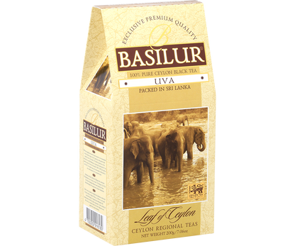 Herbata Basilur Uva w eleganckim opakowaniu z motywem słoni, cejlońska czarna herbata premium.