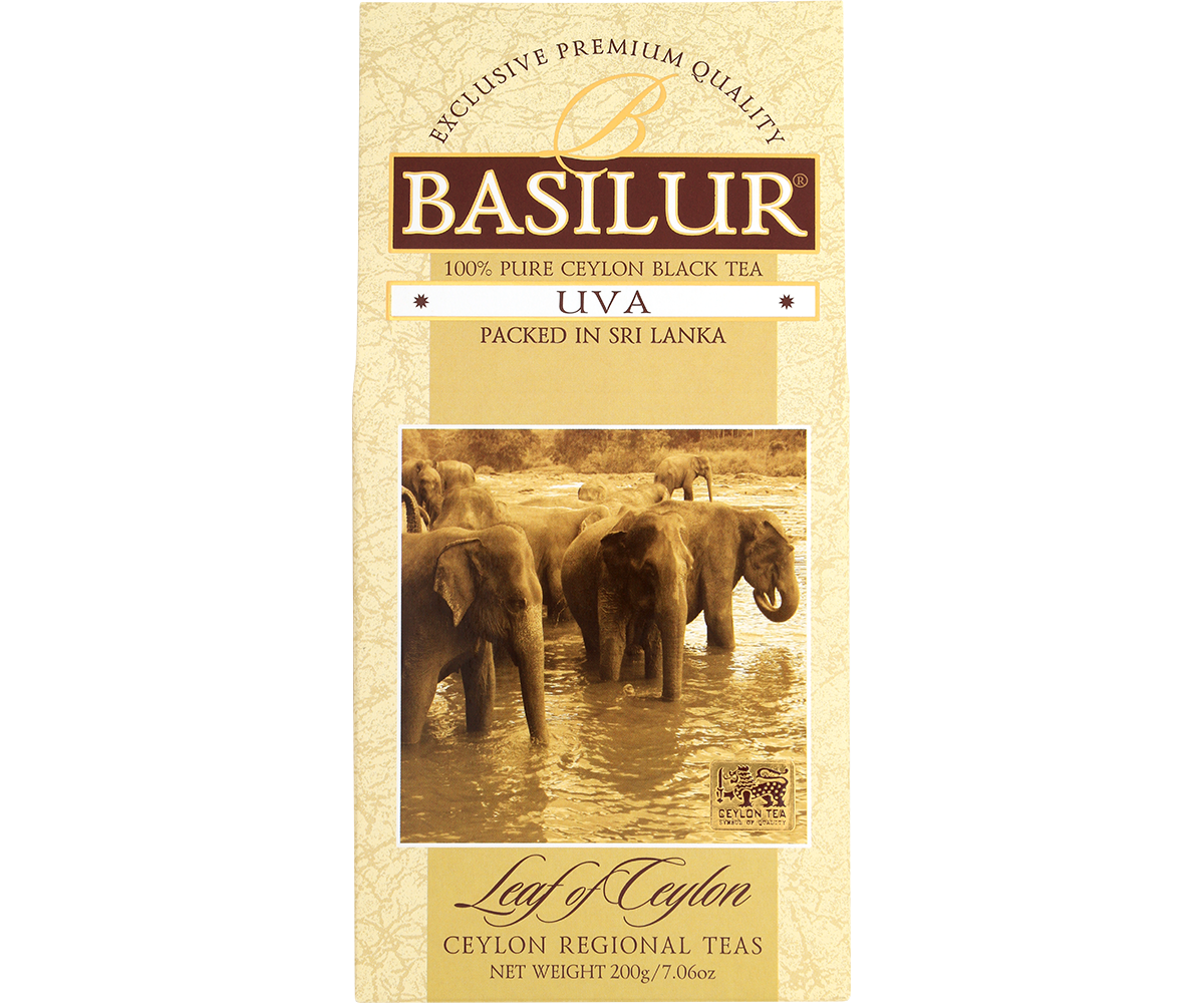 Opakowanie herbaty Basilur Uva czarna herbata cejlońska z wizerunkiem słoni, herbata liściasta premium.