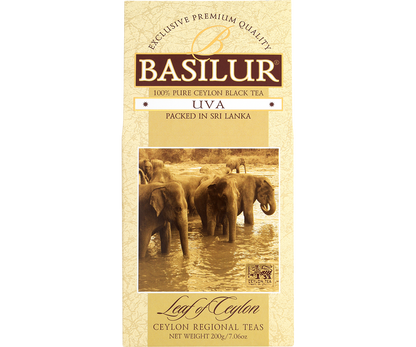 Opakowanie herbaty Basilur Uva czarna herbata cejlońska z wizerunkiem słoni, herbata liściasta premium.