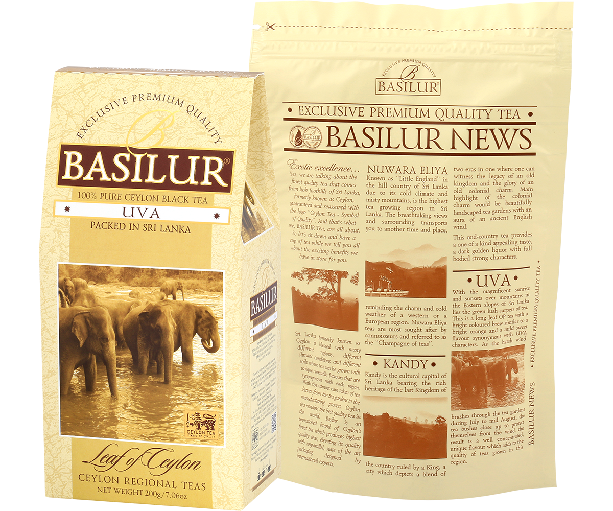 Tył opakowania Basilur Uva z opisem herbaty i zamknięciem typu zipper, czarna herbata cejlońska.