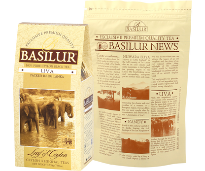 Tył opakowania Basilur Uva z opisem herbaty i zamknięciem typu zipper, czarna herbata cejlońska.