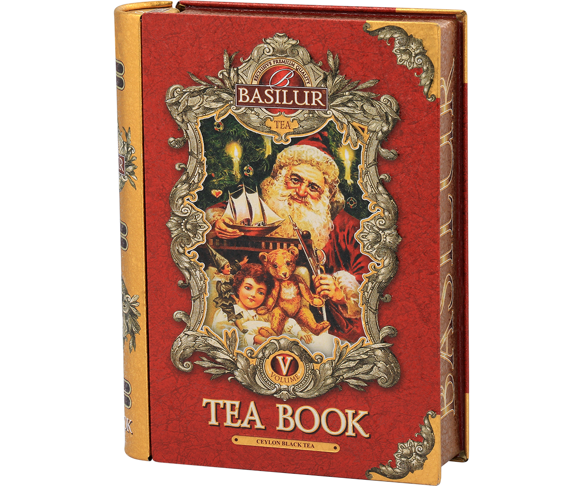 Front puszki Basilur Tea Book vol. V w formie książki ozdobionej złotymi detalami