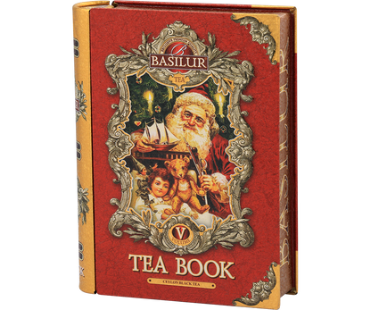 Front puszki Basilur Tea Book vol. V w formie książki ozdobionej złotymi detalami