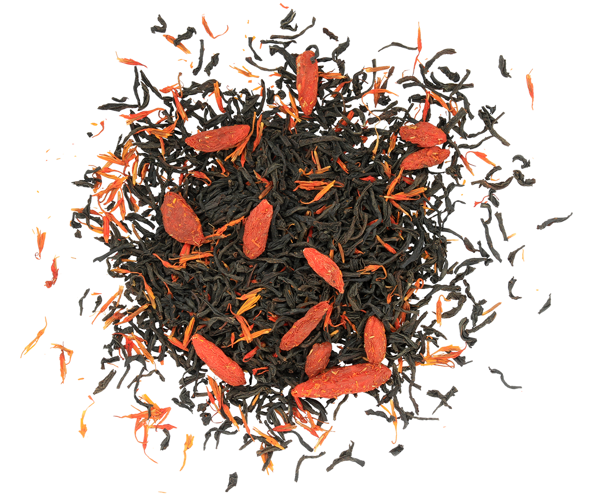 Zbliżenie na liście herbaty Basilur Tea Book vol. V z owocami goji i płatkami kwiatów