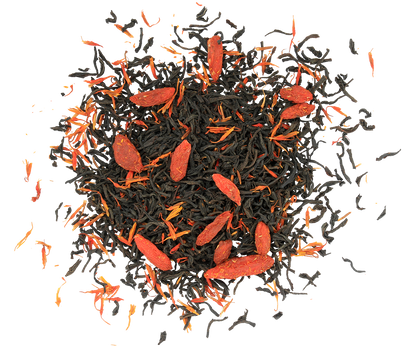 Zbliżenie na liście herbaty Basilur Tea Book vol. V z owocami goji i płatkami kwiatów