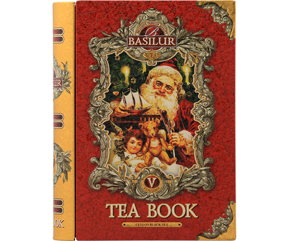 Puszka herbaty Basilur Tea Book vol. V z motywem świątecznym i wizerunkiem Świętego Mikołaja