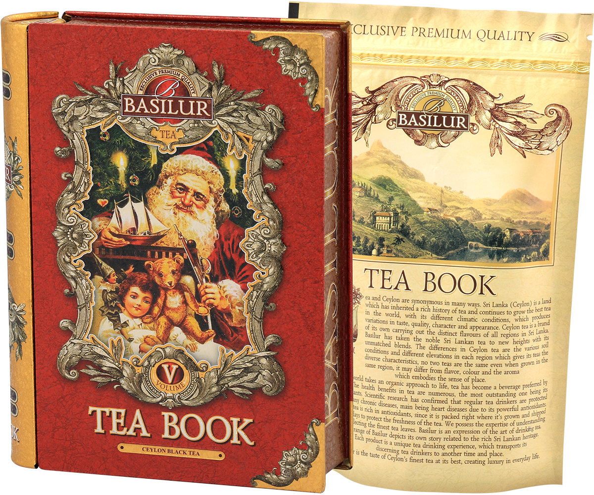 Otwarta puszka Basilur Tea Book vol. V z opakowaniem herbaty i opisem kolekcji
