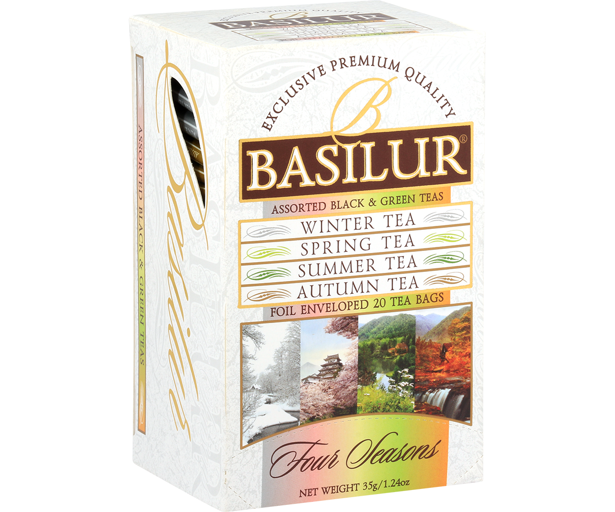 Bok opakowania Basilur Four Seasons z widoczną listą herbat.