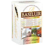 Bok opakowania Basilur Four Seasons z widoczną listą herbat.