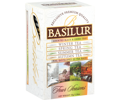 Bok opakowania Basilur Four Seasons z widoczną listą herbat.