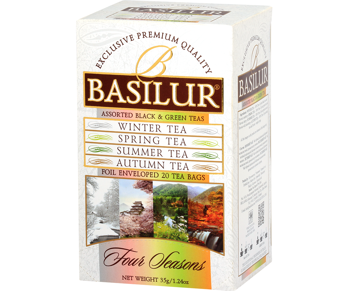 Bok opakowania Basilur Four Seasons z widoczną listą herbat.