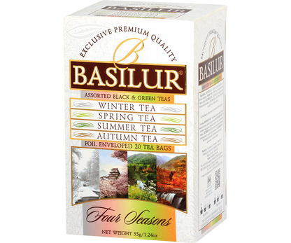 Bok opakowania Basilur Four Seasons z widoczną listą herbat.