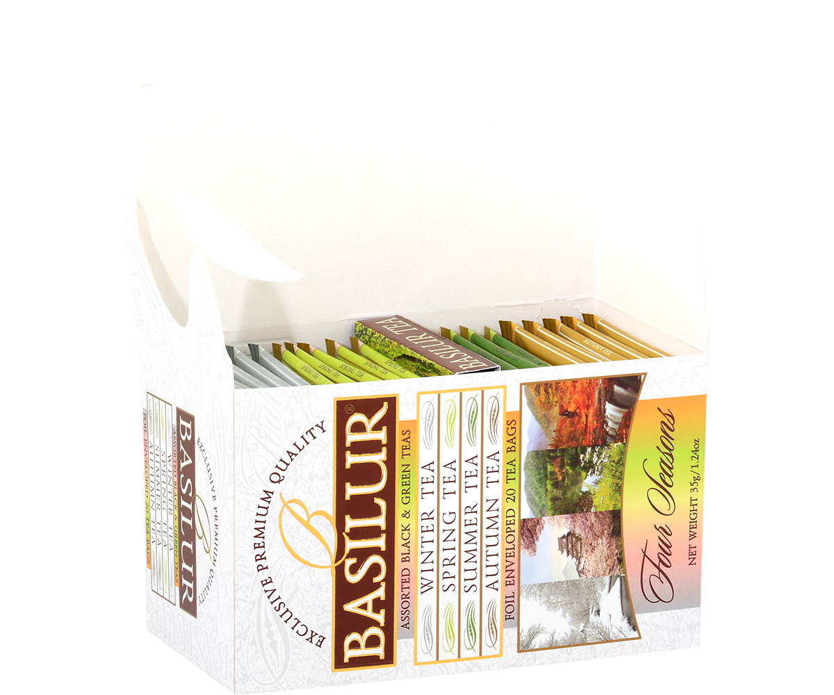 Otwarte pudełko Basilur Four Seasons z widocznymi kopertami herbat.