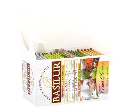 Otwarte pudełko Basilur Four Seasons z widocznymi kopertami herbat.