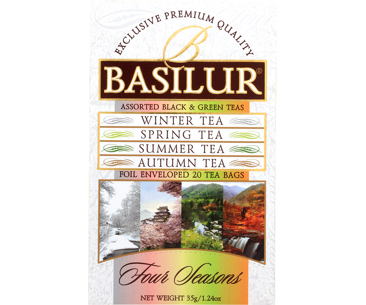 Przód pudełka Basilur Four Seasons z opisem czterech herbat sezonowych.