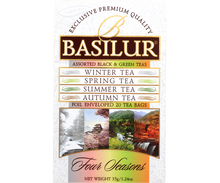 Przód pudełka Basilur Four Seasons z opisem czterech herbat sezonowych.
