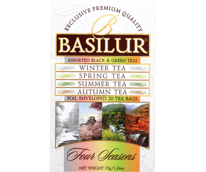 Przód pudełka Basilur Four Seasons z opisem czterech herbat sezonowych.