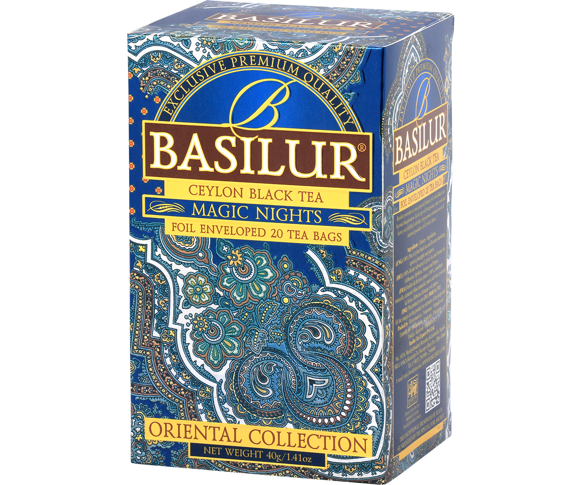 Zbliżenie na opakowanie Basilur Magic Nights, elegancki design w odcieniach złota i błękitu.