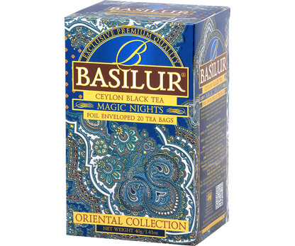 Zbliżenie na opakowanie Basilur Magic Nights, elegancki design w odcieniach złota i błękitu.