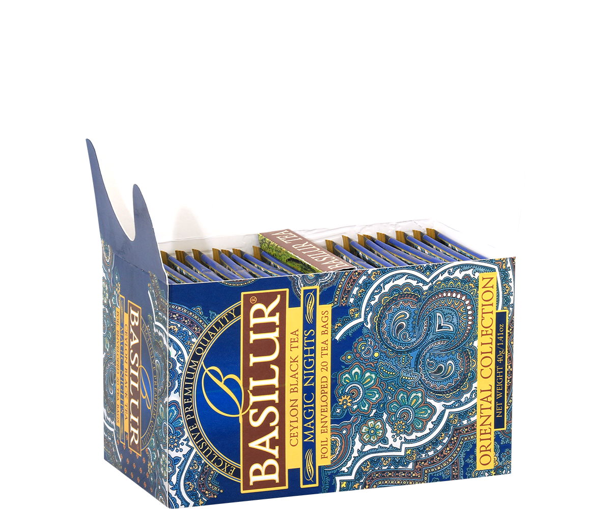Otwarte pudełko z foliowanymi saszetkami herbaty Basilur Magic Nights.