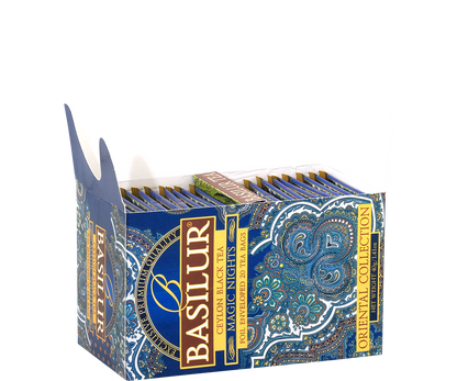Otwarte pudełko z foliowanymi saszetkami herbaty Basilur Magic Nights.