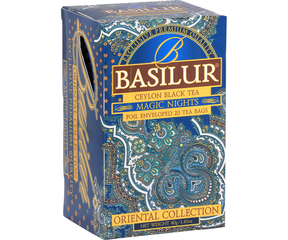 Pudełko herbaty Basilur Magic Nights widok z boku, orientalny wzór.