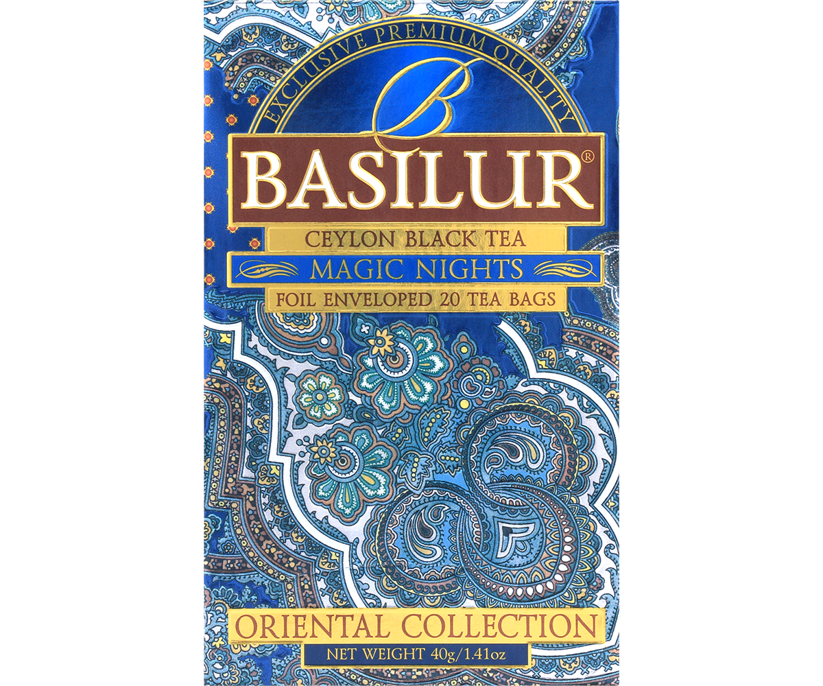 Opakowanie herbaty Basilur Magic Nights – czarna herbata cejlońska w niebieskim pudełku.